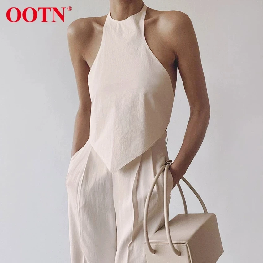 

OOTN Female Summer Sexy Vest Lace Up Open Back 2021 Fashion Chic Beige Cotton Women Tank Top High Street O-Neck Sleeveless Tops