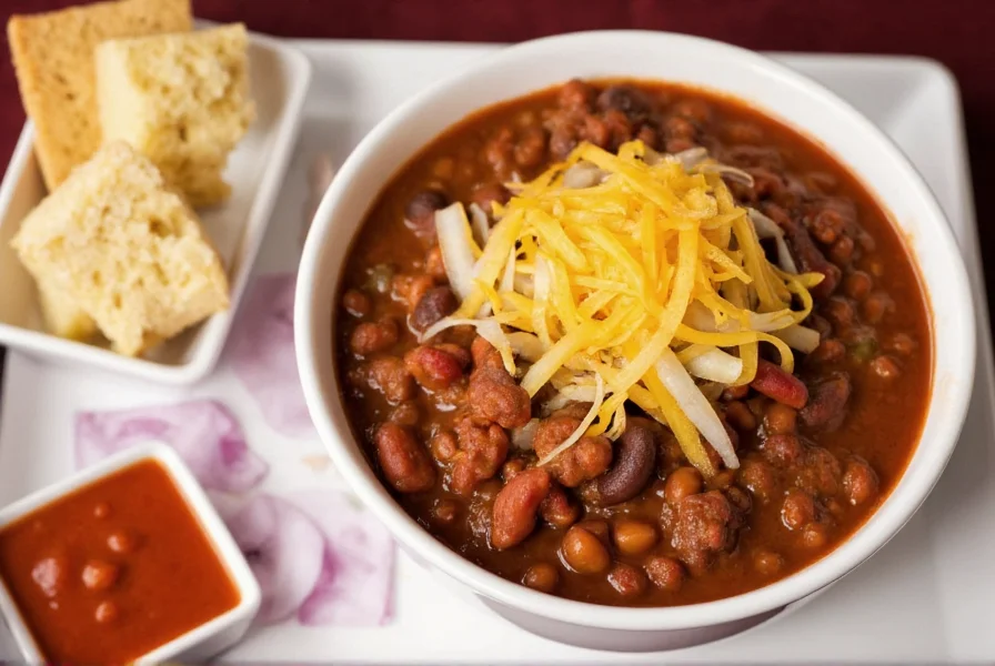 Traditional serving of Tommy's Chili with cornbread, onion garnish, and cheese topping