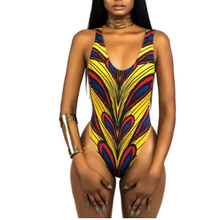 

2020 new arrivals Fashion Summer Sexy Shoulder Strap Sleeveless Backless Color Printed Beach Wear women Swimsuit, Picture show