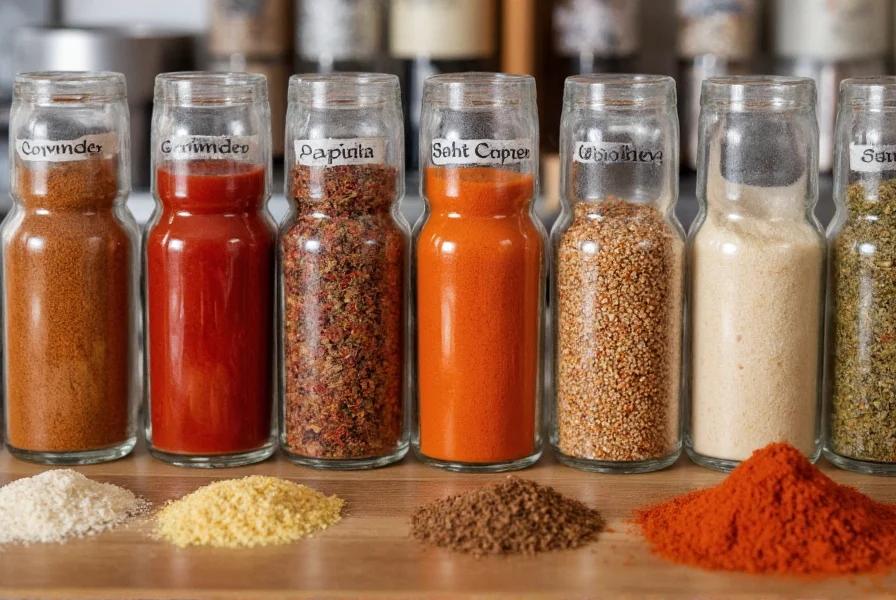 Spice blending station with labeled jars of coriander, paprika, and other spices