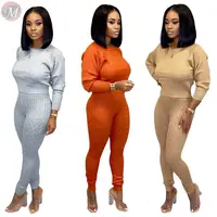 

9101806 fashion solid color round neck sweater two piece pants suit set women clothing