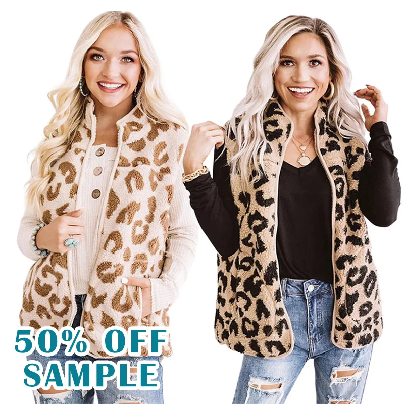 

Winter Custom Plus Size Jackets Woman Puff Sleeve Waistcoat Pockets Zipper Leopard Fur Women Vest Coat, 2 colors