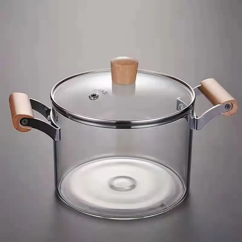

Wholesale transparent high borosilicate heat resistant glass cooking pot with wood handle