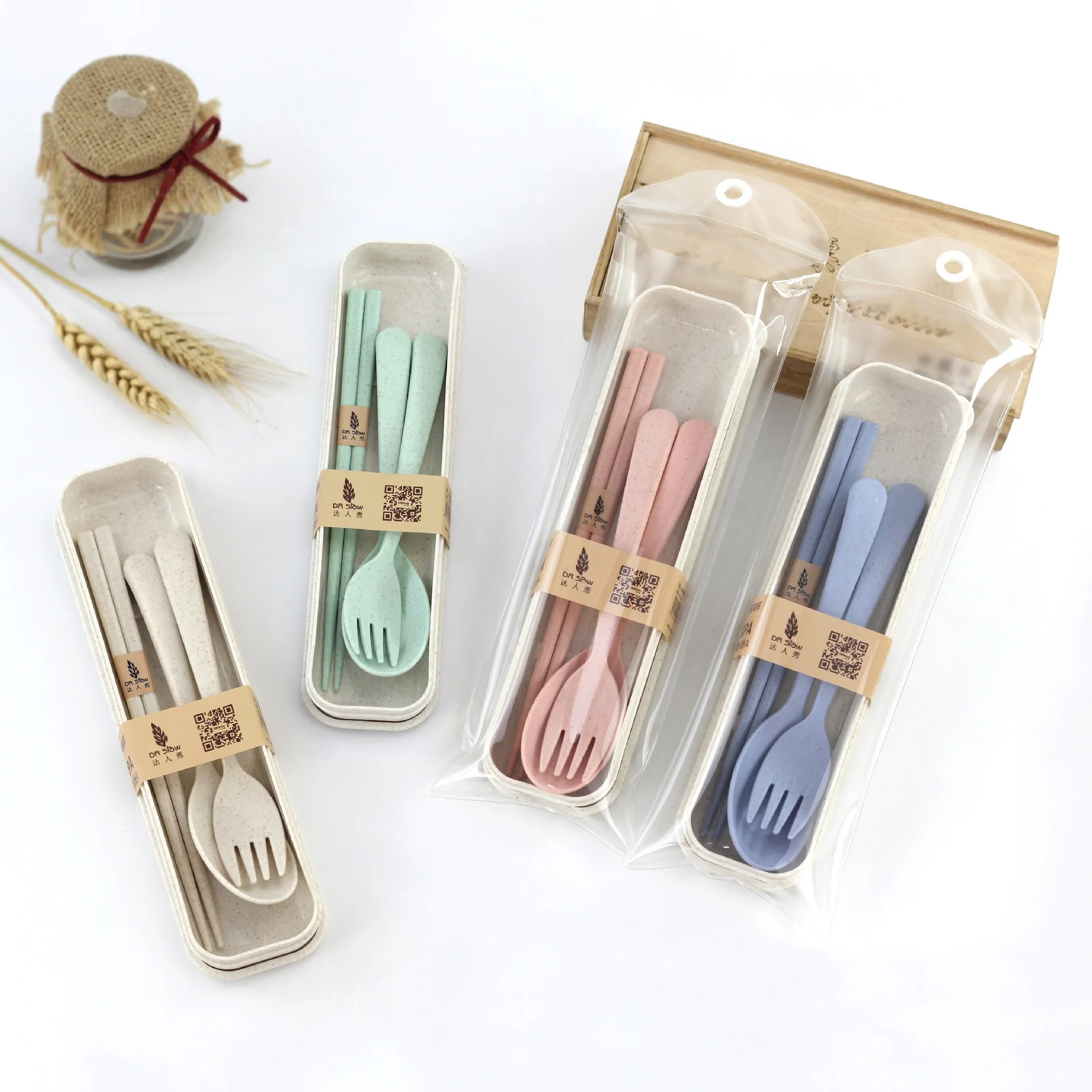 

Safety wheat straw tableware travel portable tableware student spork chopsticks set