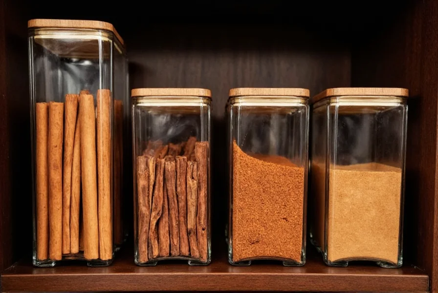 Proper cinnamon storage setup showing airtight glass containers with cinnamon sticks and ground cinnamon stored in a dark pantry