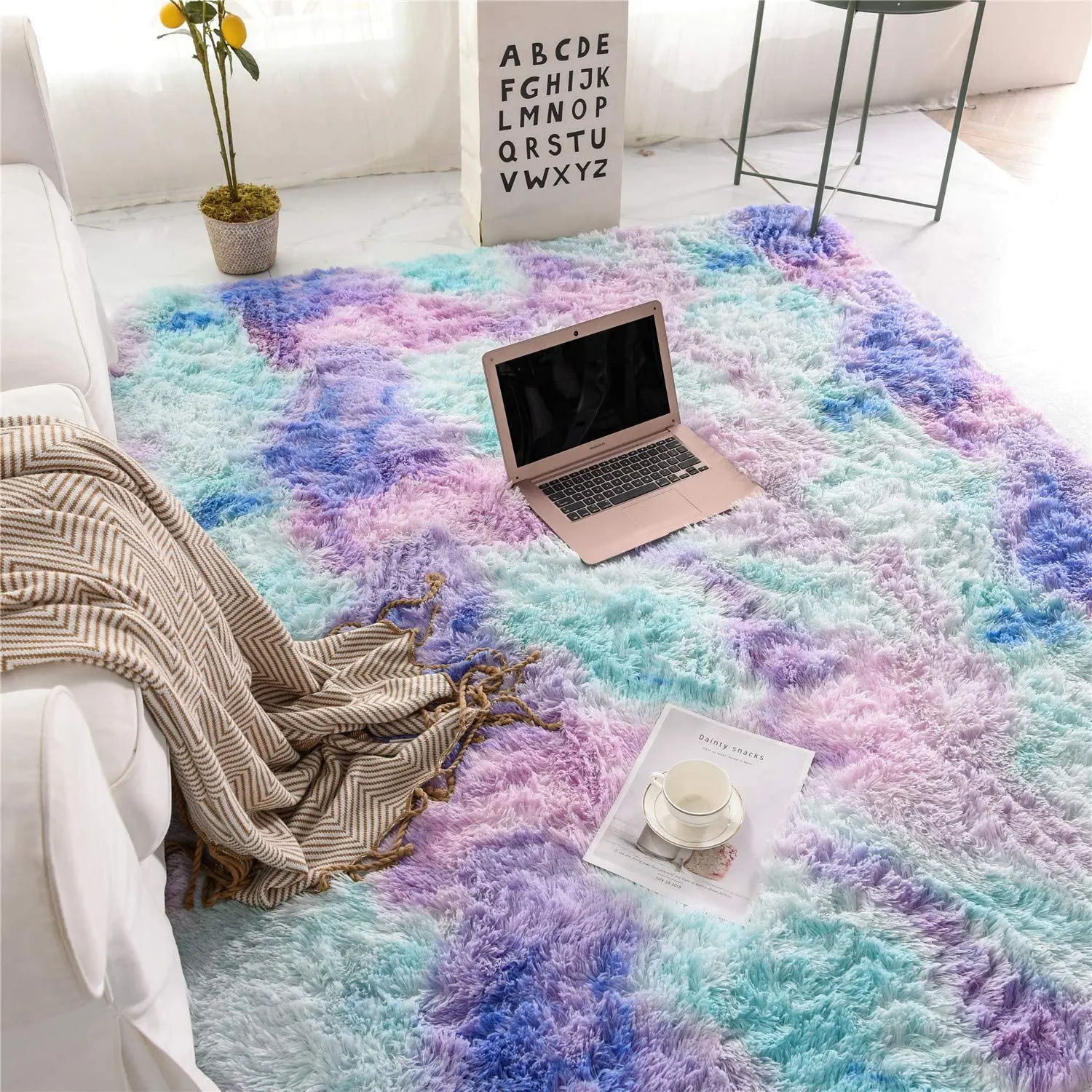 

Carpet and Rugs Non-slip Low Price Luxury Hot Sale Tie Dye Fluffy Living Room Carpet Tiles PV Fur Plush moquette