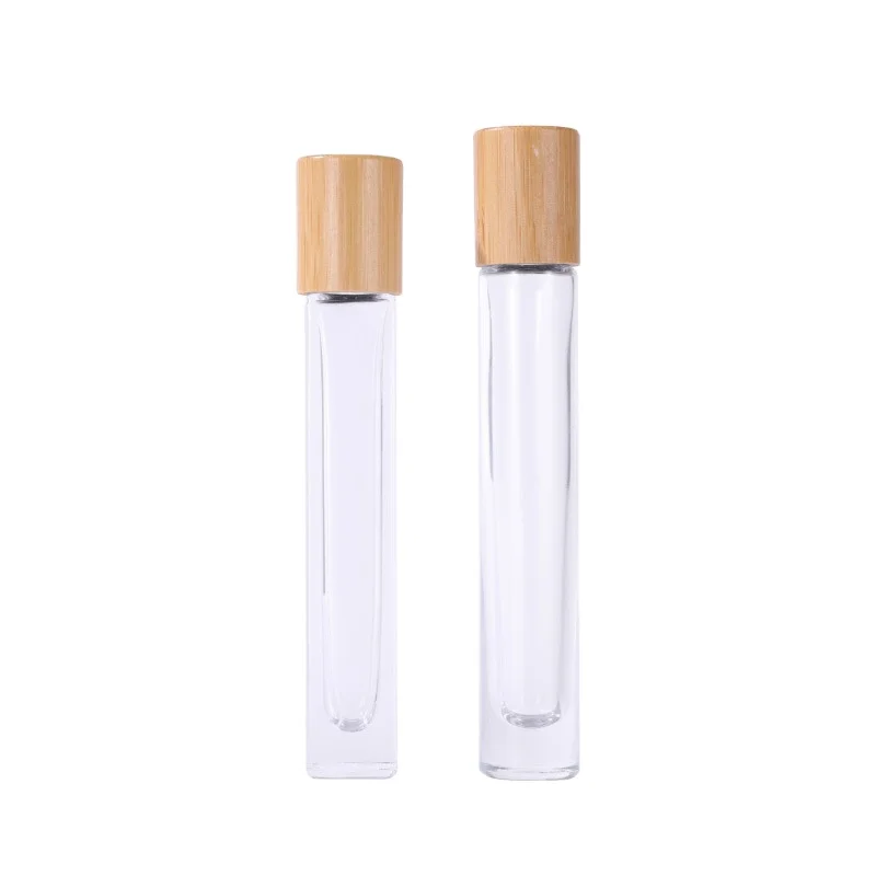 

10ml cosmetic square and round shape roll on glass bottles with bamboo lids