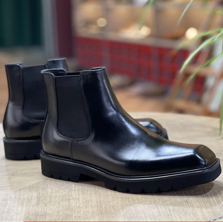

custom luxury genuine leather square toe chunky plus size winter ankle chelsea boots men shoes