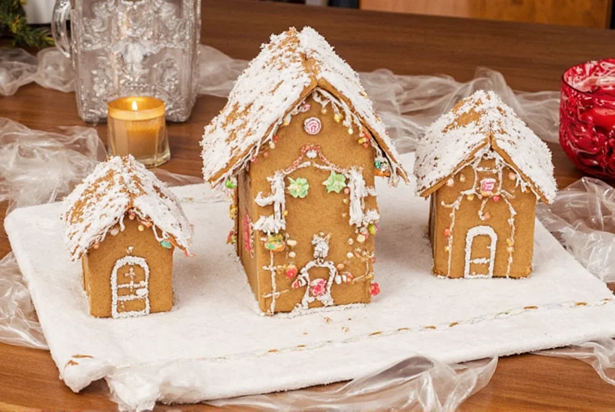 Complete ginger bread house kit components laid out on wooden table showing gingerbread panels, icing bags, and assorted candies