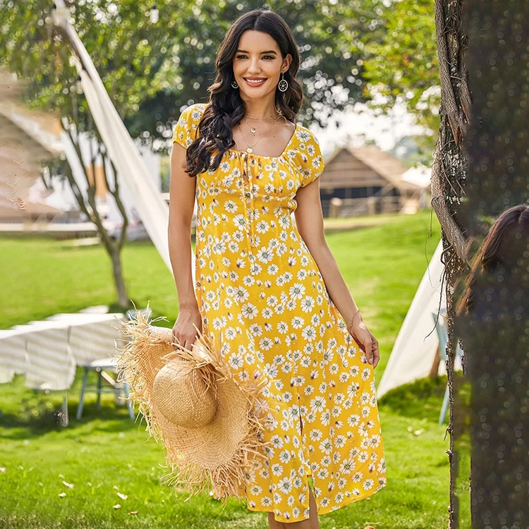

Women square collar short sleeve Little Daisy dress printed side split midi dress