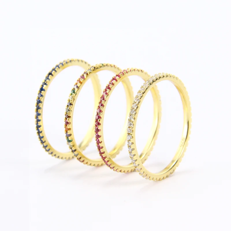

925 Sterling Silver Gold Plated Stackable Micro Pave CZ Rainbow Eternity Band Ring
