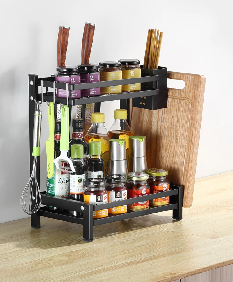 

High Quality Double Layer Storage Kitchen Oil Dispenser Seasoning Rack, Black