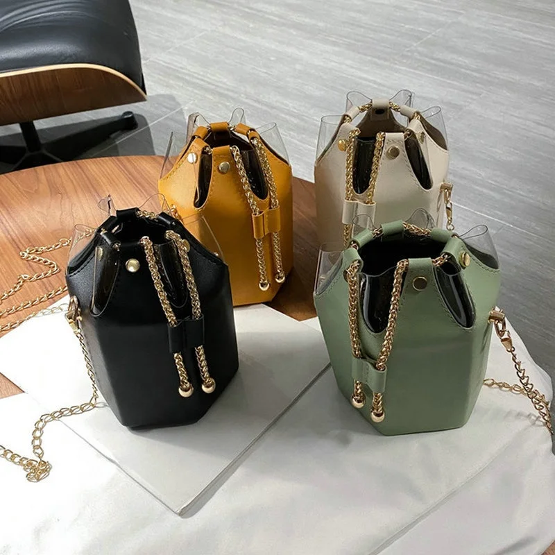 

Wholesale Cute Splice Pvc Pu Chain Purse Crossbody Women Bucket Handbags With Drawstring Luxury Handbags For Women, 4 colors