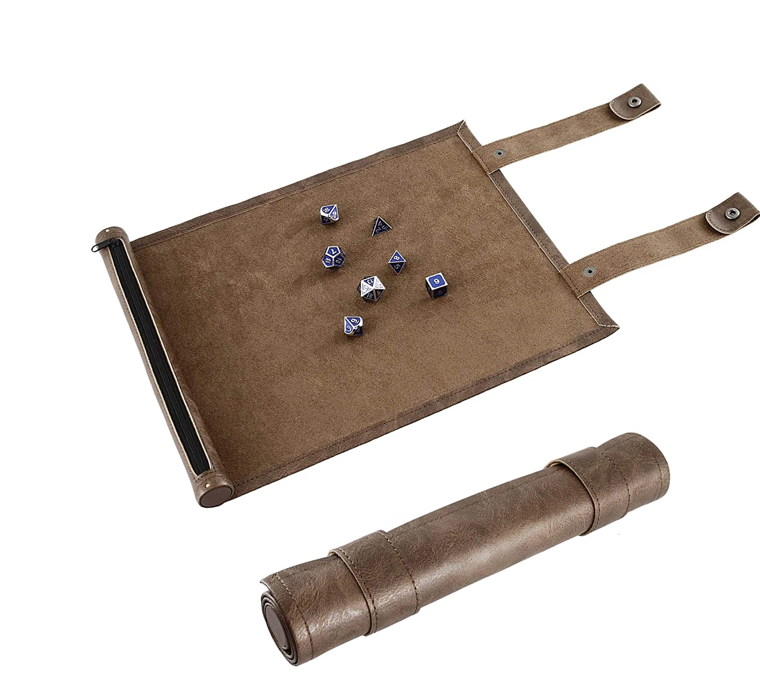 

Leather Scroll Dice Tray and Rolling Mat with Zippered Dice Holder - Storage Pouch Holds up to 14 Metal or Plastic Dice, Black,brown,red or others