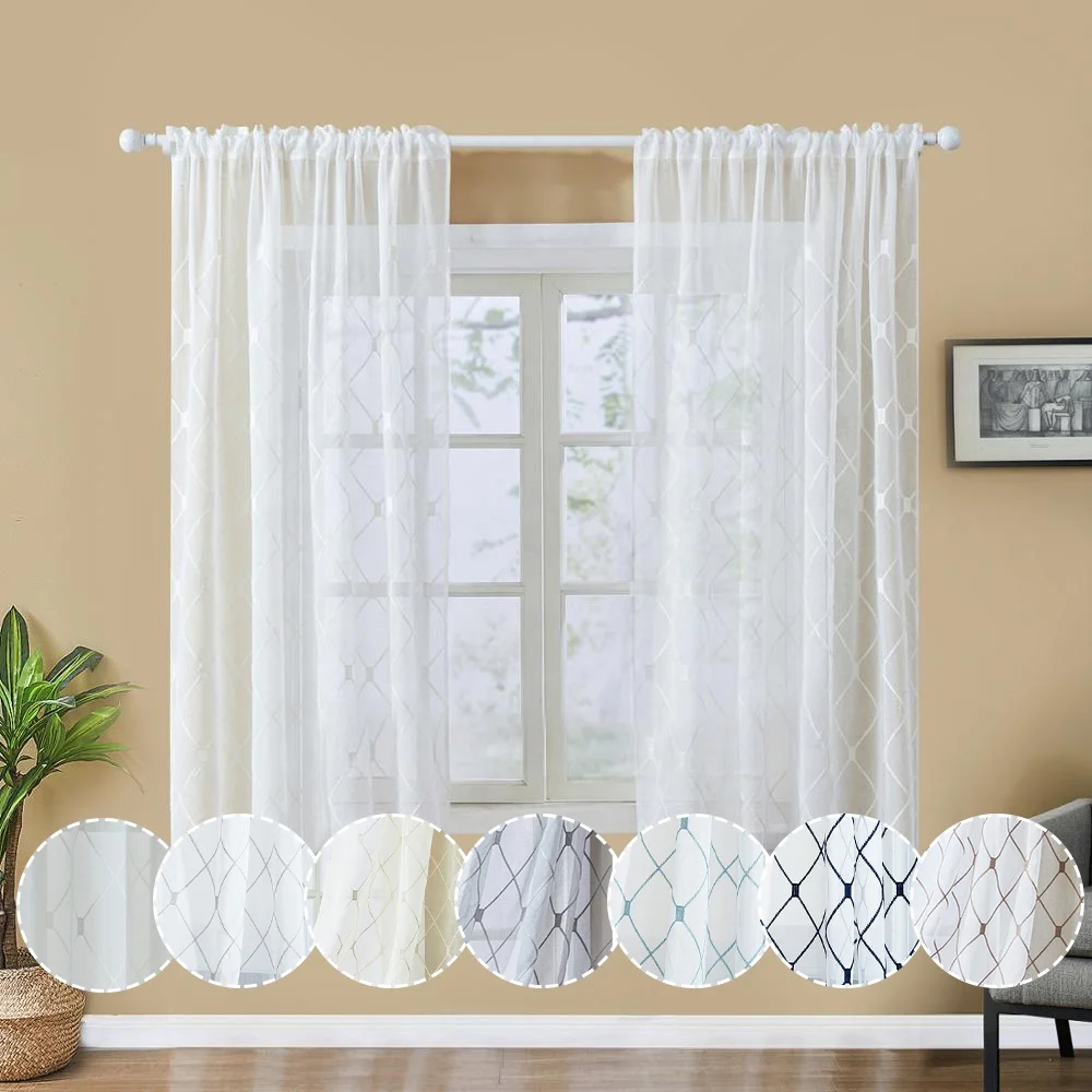 

Modern high quality ready geometric window embroidery sheer curtains nice elegant young people fashion simple curtain factory