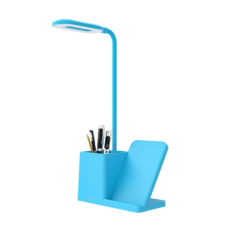 

Custom 3 In 1 Wireless Charger Station Led Desk Lamp With Wireless Charger Pen Holder For Mobile, Blue/white