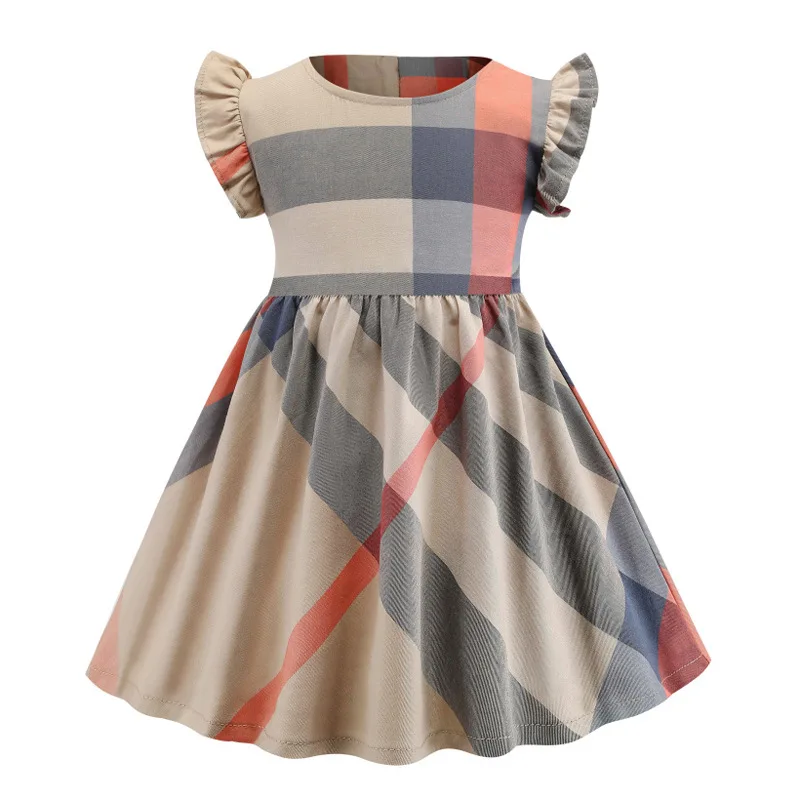 

2021 Hot Sale High Quality Children Dresses summer 100%Cotton kids Girls Flutter sleeve Plaid Dresses