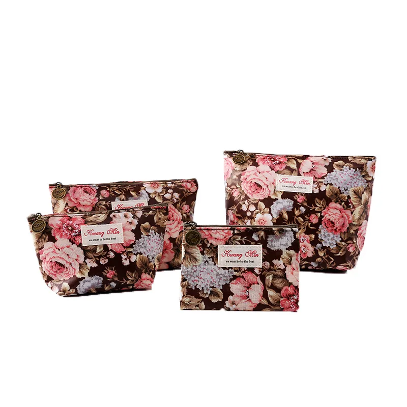 

Popular Vintage Floral Printed Cosmetic Bag Women Makeup Bags Coins Purse Female Waterproof Zipper Portable Travel Make Up Pouch, Pink,black
