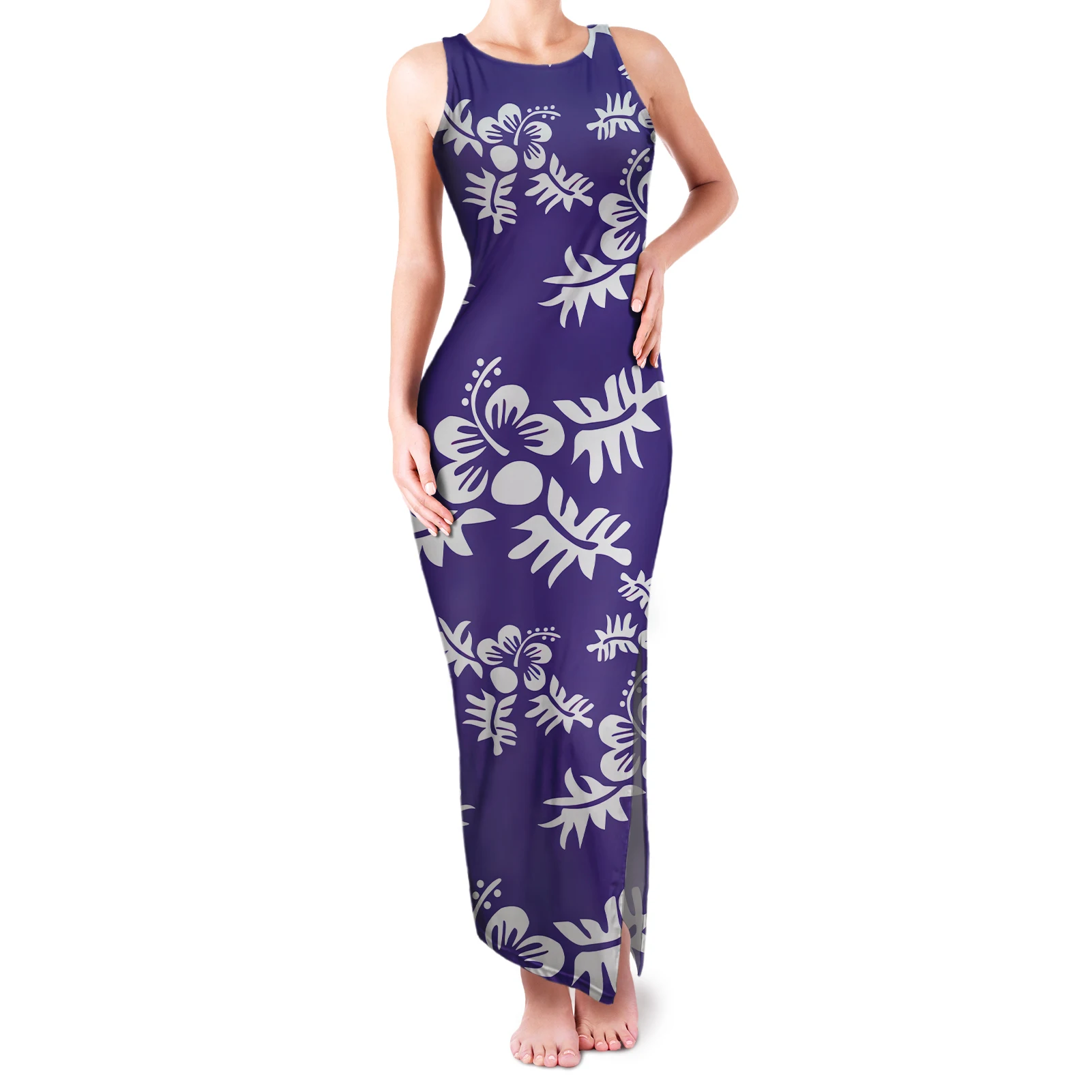 

Hawaiian Polynesian Hibiscus/Leaf Deep Purple Women's Dresses Bodycon Sexy Maxi Elegant Women Casual Dresses Summer Split Dress, Customized color