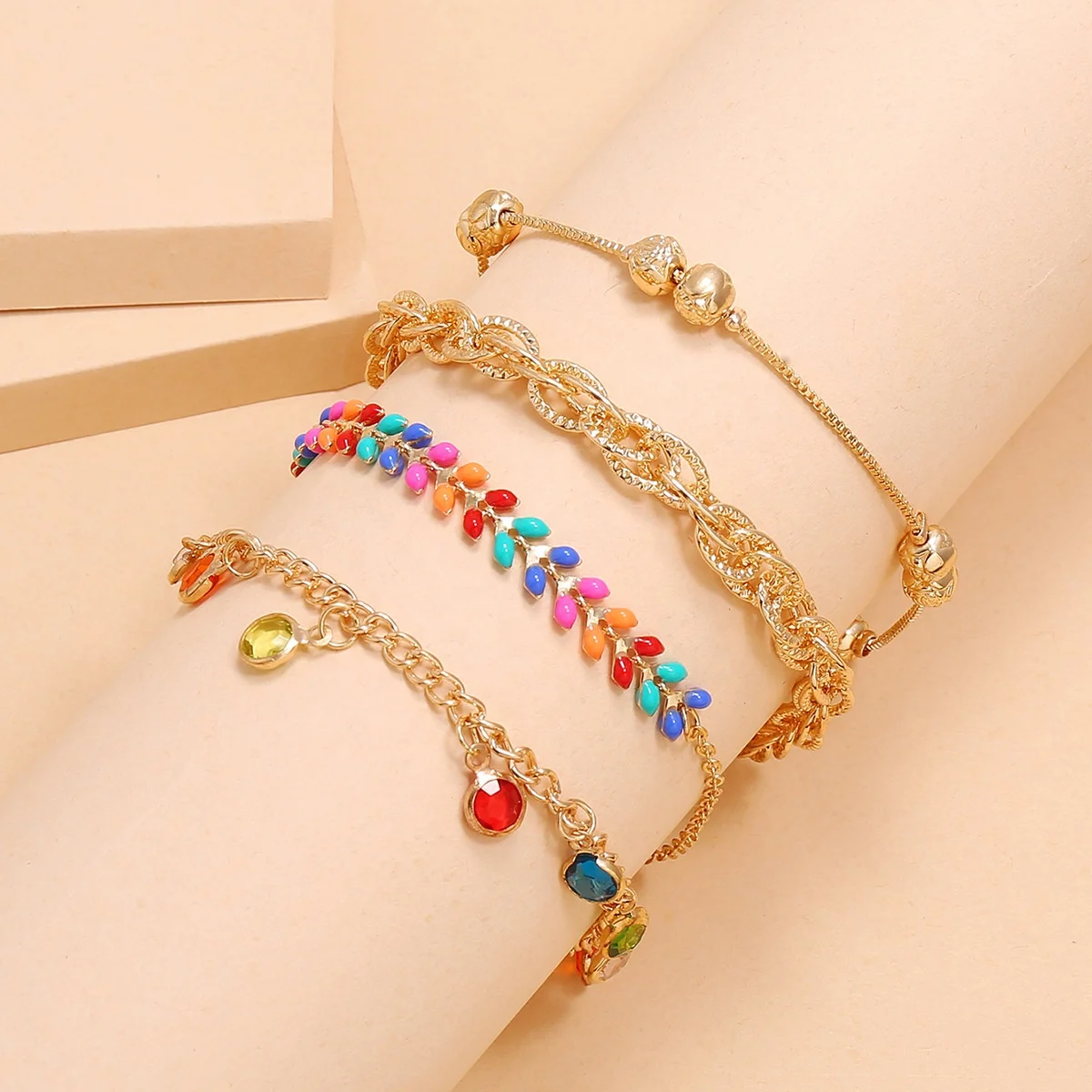 

FAHMI fahmi 2021 Bohemia Women Body Jewelry Colorful Leaf Beads Tassel Anklet Sets Handmade Rhinestone Padded Pendant Foot Chain Sets