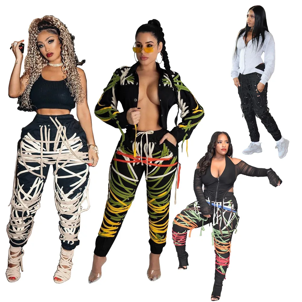 

Ladies Fashion Fall Winter High Street Colorful String Shoe Lace Up Bandage Boutique Cargo Long Sweat Streetwear Pants For Women