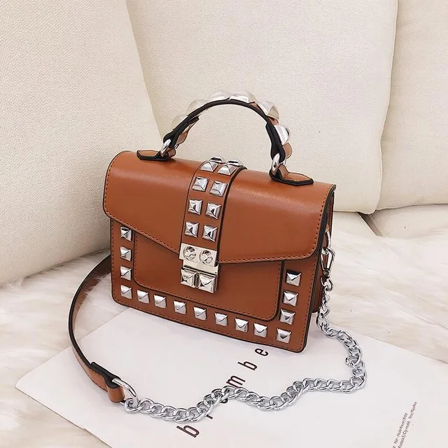 

New Rivet Ladies Faux Leather Flap Bag Women Shoulder Messenger Bag with Chains, White, red, wine red, black, brown, white with black