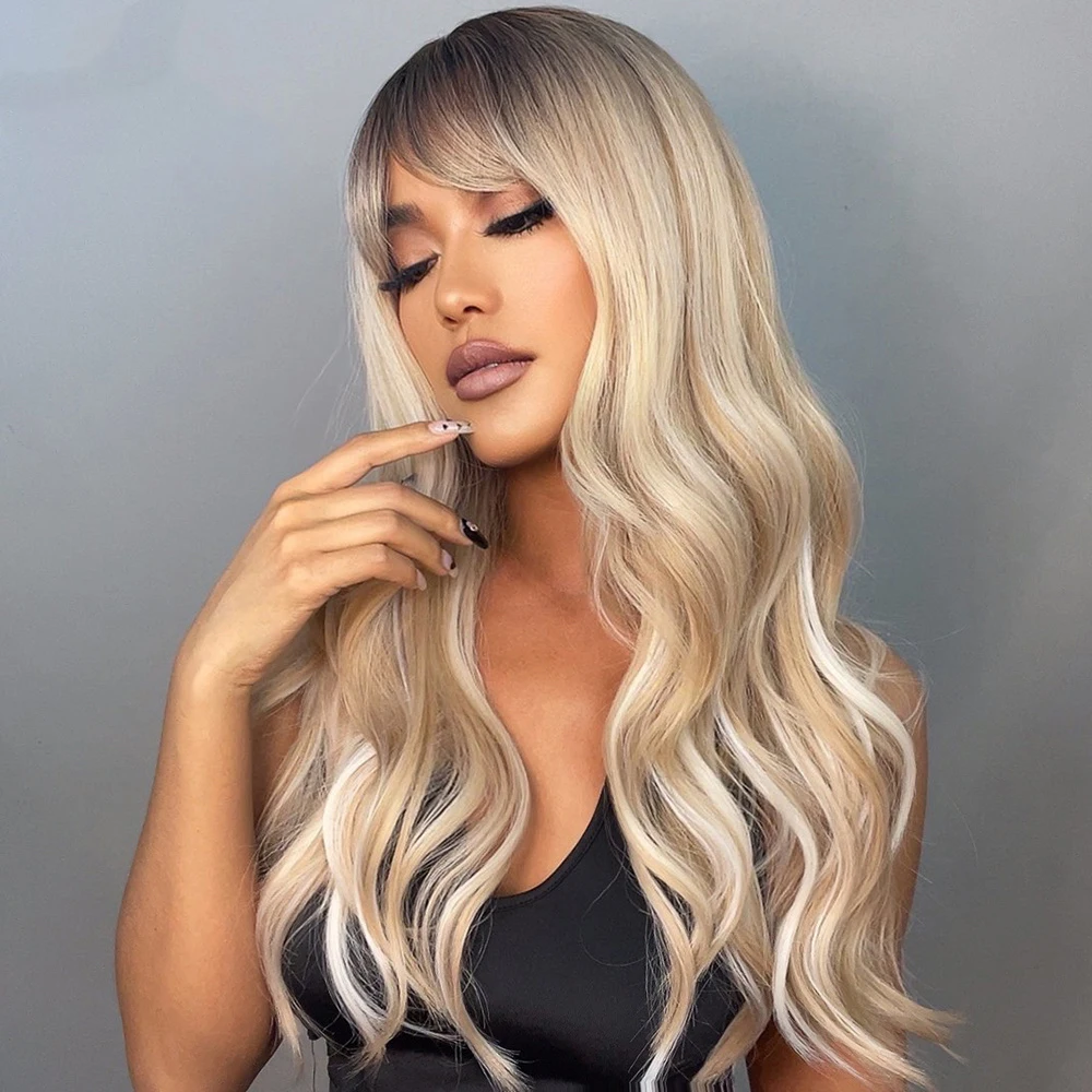 Long Loose Wave Synthetic Wigs Black Brown Blonde Wigs Full Bangs Heat Resistant Wigs for African American Women