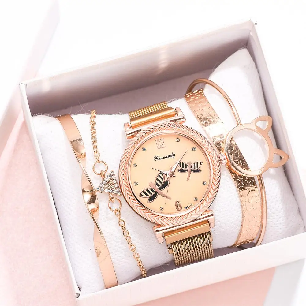 

2020 Fashion 5pcs Set Women Watches Rose Gold Montre Femme Women's Mesh Belt Fashion Luxury Wrist Watches Gift reloj mujer