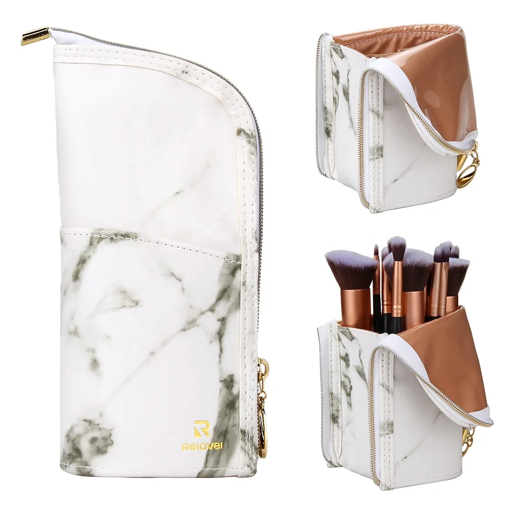 

Free Dropshipping Relavel 2021 New Design Multi-function Large capacity Waterproof Stand-Up Organizer Divider Makeup Brush Holder For Travel, Marble white