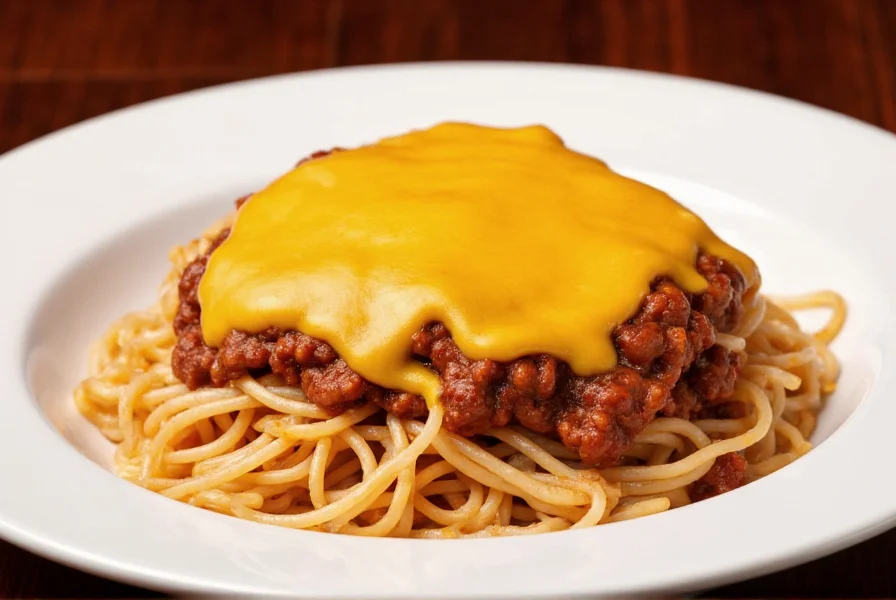 Chili John's signature three-way dish featuring spaghetti topped with chili and melted cheddar cheese on white plate