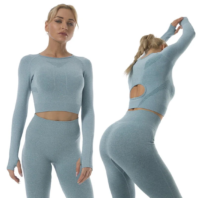 

Workout sports breast elegant gym fitness shirt yoga womens 2 piece seamless active wear set, 6 colors