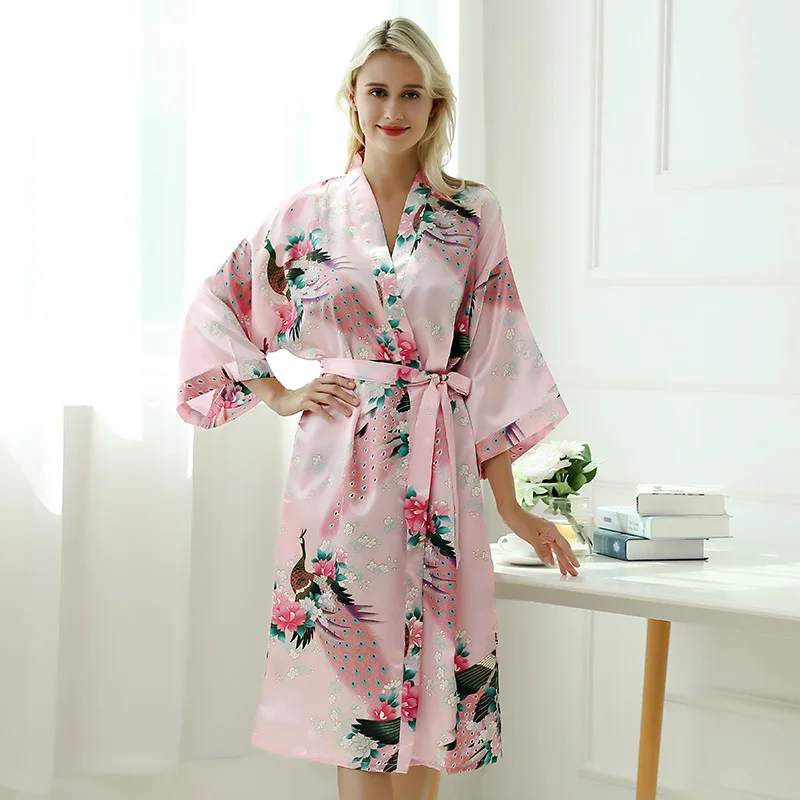 

Imitation Silk Peacock Kimono Robe Long Sexy Nightgown Printed Thin Bathrobe Five Points Sleeve Home Clothes S M L XL XXL