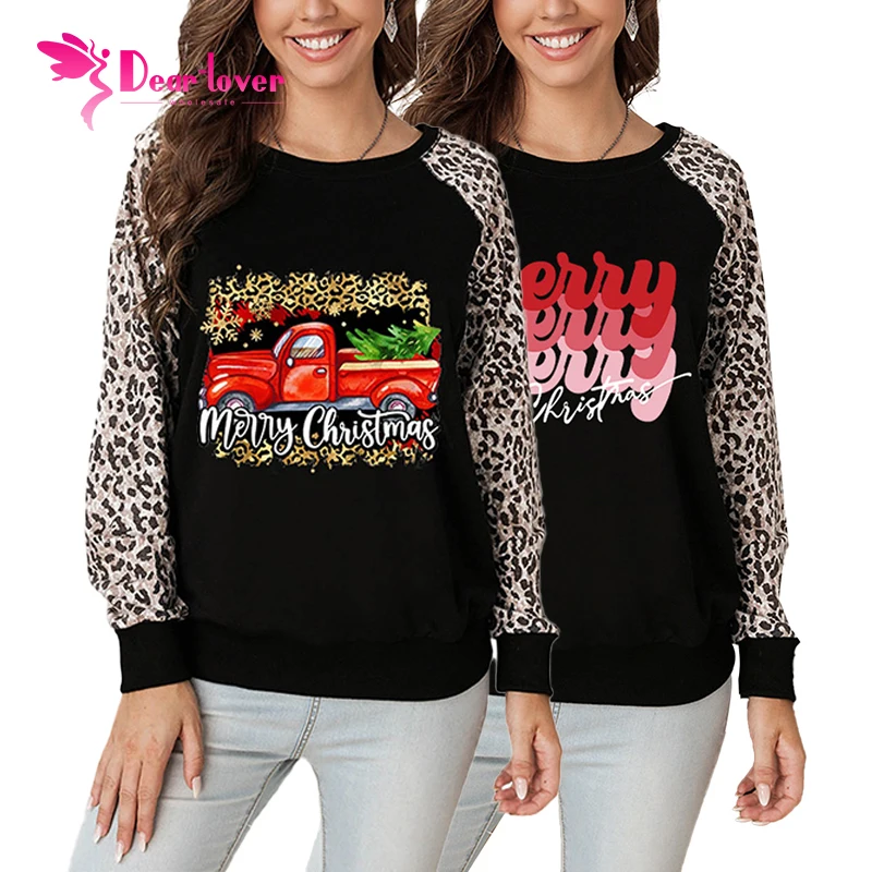 

New Design Christmas Letter Print Leopard Long Sleeve Shirt Ribbed Knit Long Sleeve Elegant Tops Woman