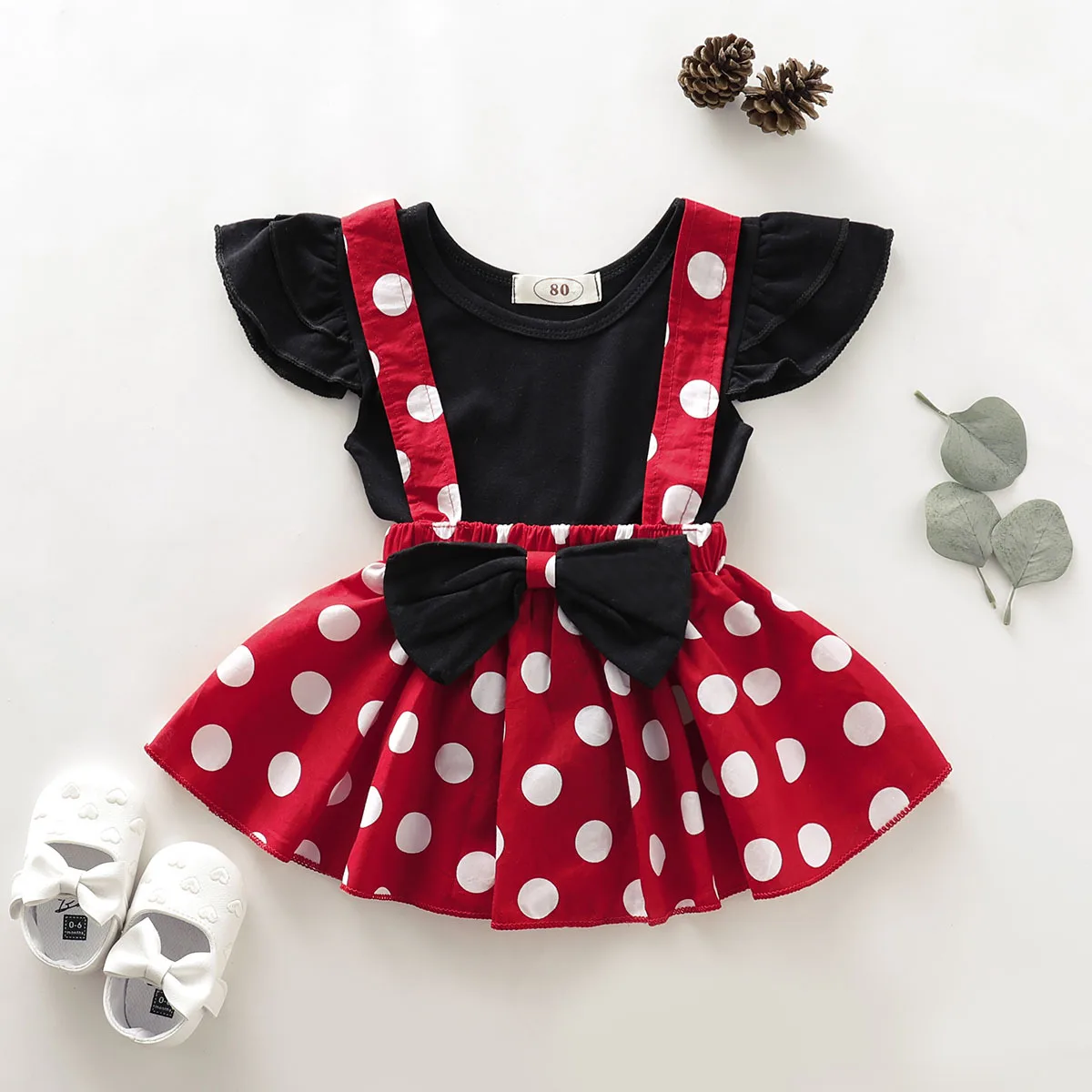 

2pcs Baby Girl Suspender Dress Children Black Ruffles T-shirt Top Bow Dot Red Tutu Skirts Children Clothing Sets