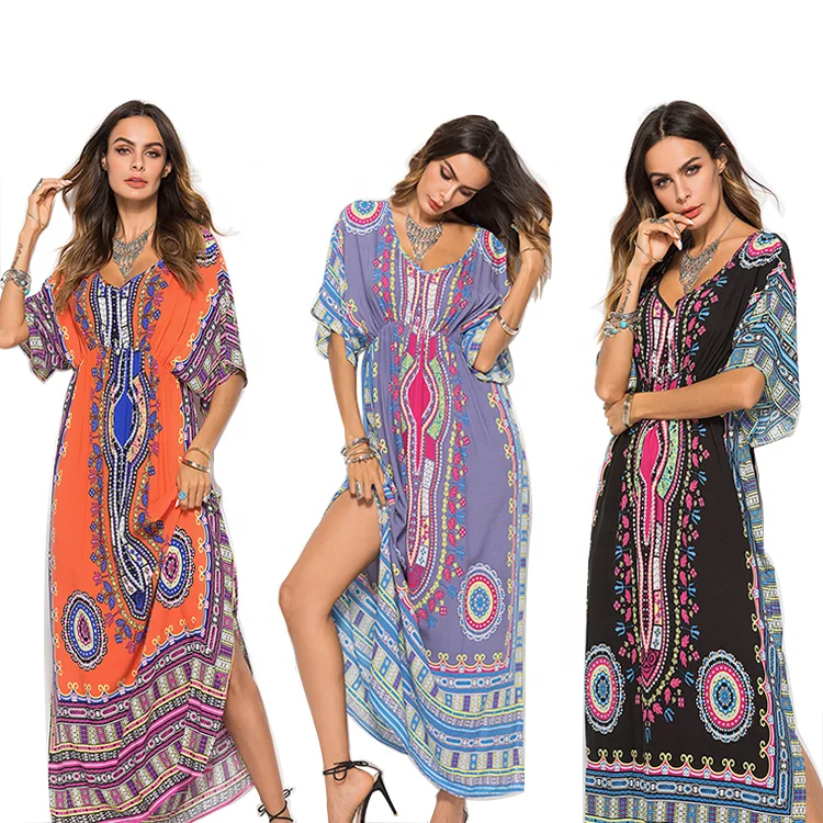 

Summer Africa Islamic Women Casual Loose Dresses Kaftan Abaya Dress Women's Printing Muslim Dress Maxi Beach Cover Long Skirts, Can be customized