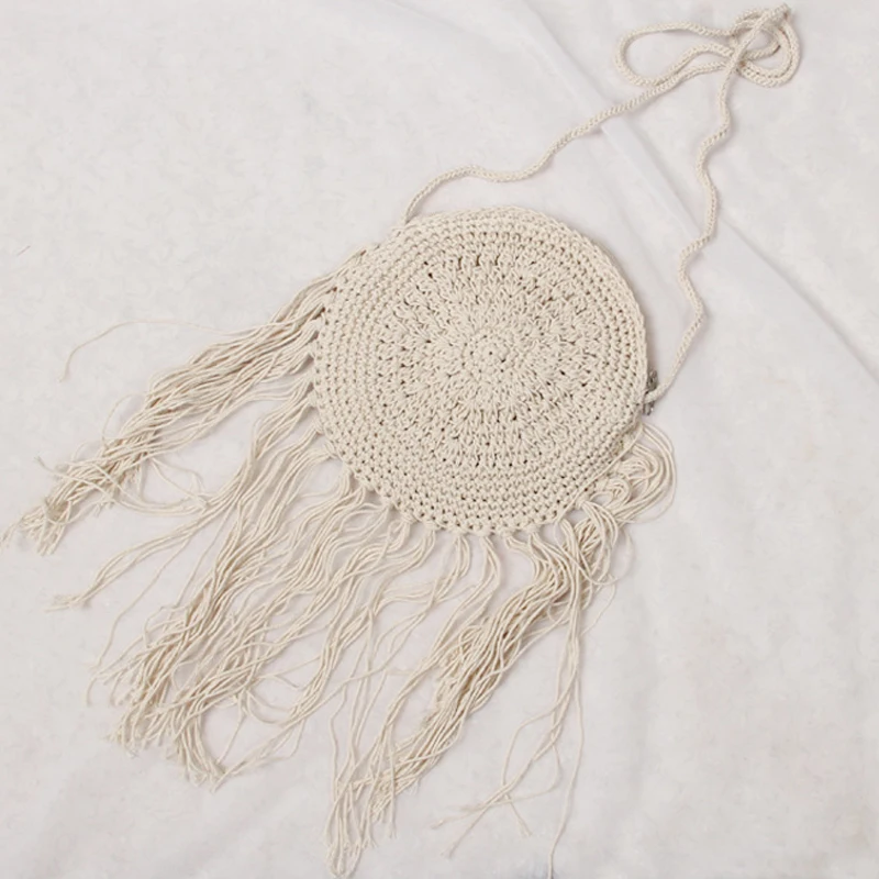 

Stylish Beach Travel Crochet Round Shape Long Tassel Fringed Small Macrame Crossbody Bag, 3 choices