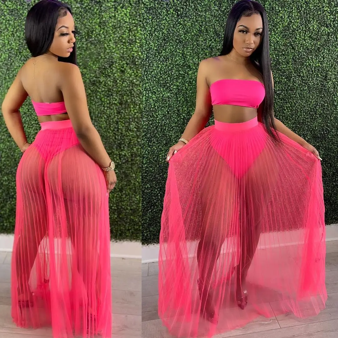 

pleated mesh see-through sexy summer breast wrap women two piece skirt set clothing