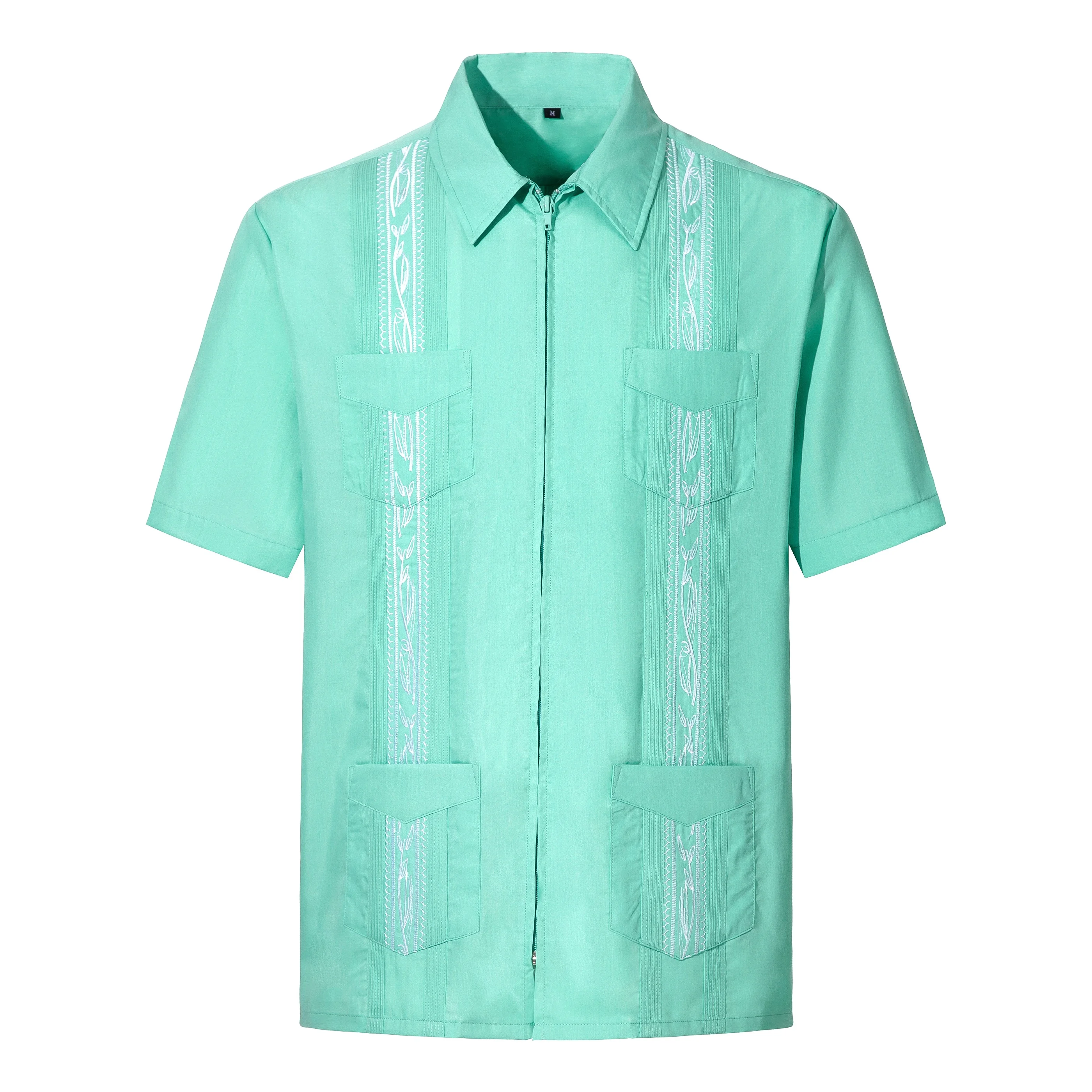 

Men's Short Sleeve four pockets Buttons RTS Embroidered Cuban Mexican Guayabera Short Sleeve shirts, As picture