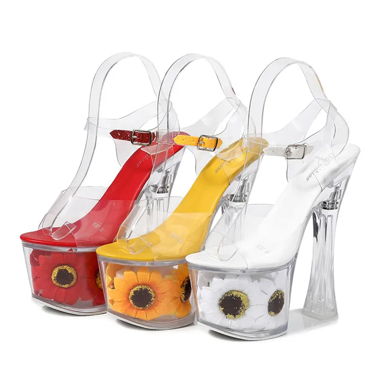 

Sun Flower Strippers Pumps Sandals Sexy Ladies High Heel Shoes Transparent Pole Dance Shoes Transparent Heels