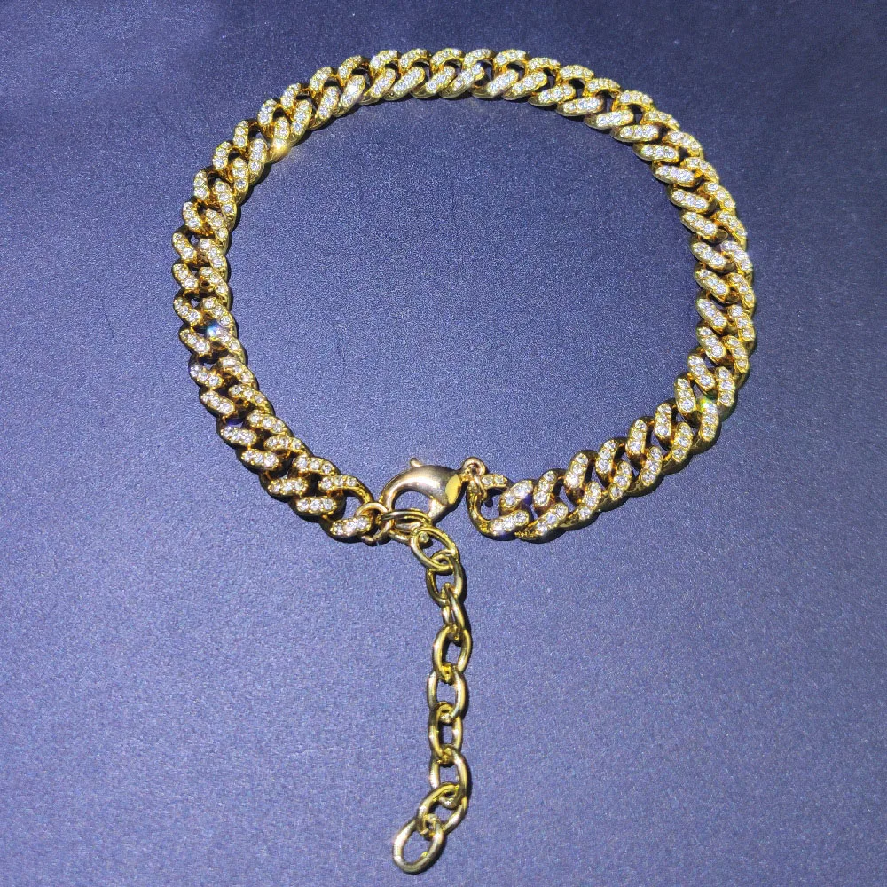 

European Hips Hop Adjustable 18k Gold Plated Crystal Chunky Chain Anklets Sparkling Rhinestone Cuban Link Anklet Bracelet, As picture