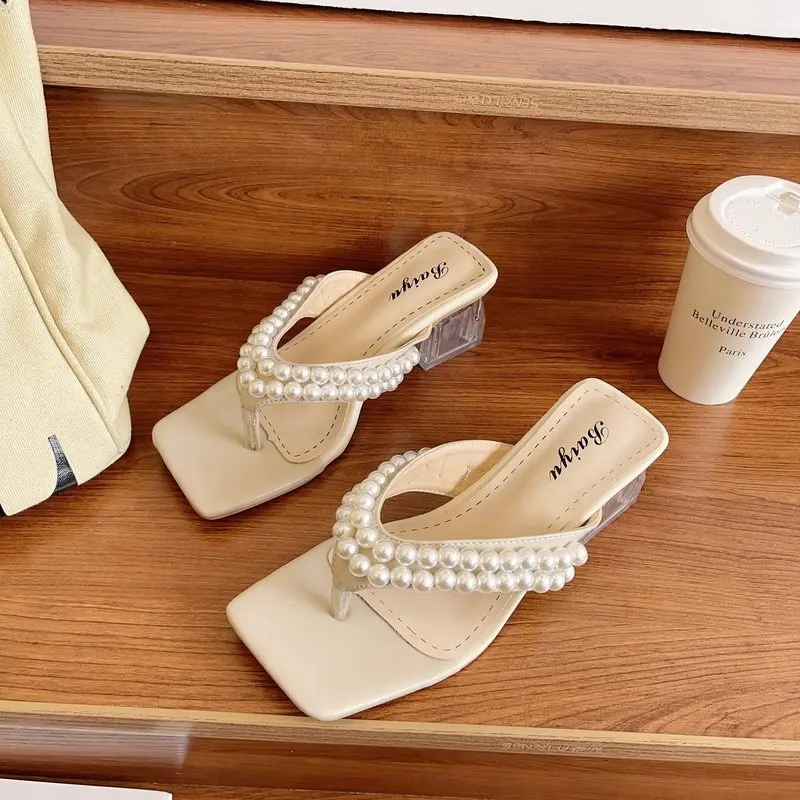 

Summer New Fairy Style Pearl Transparent Crystal High Heeled Square Toe Women Slippers, White black blue