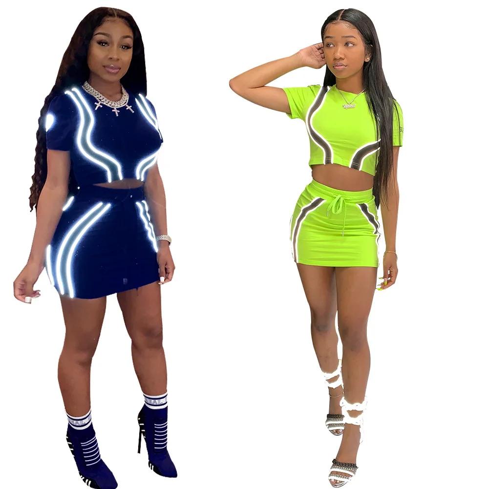 

2022 new arrivals stylish outfit reflective strip splicing short sleeves & skirt suit summer women clothing 2 two piece sets, As the picture show