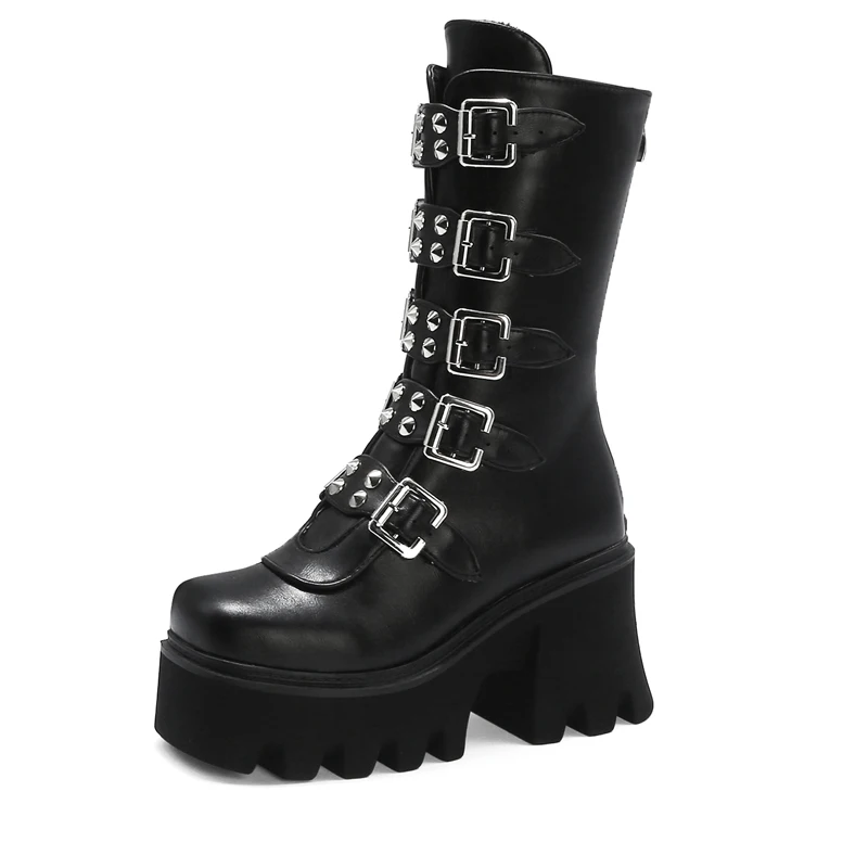 

Winter Gothic Punk Women Platform Boots Black Buckle Strap Zipper Creeper Wedges Shoes Mid Calf Military Combat Boots