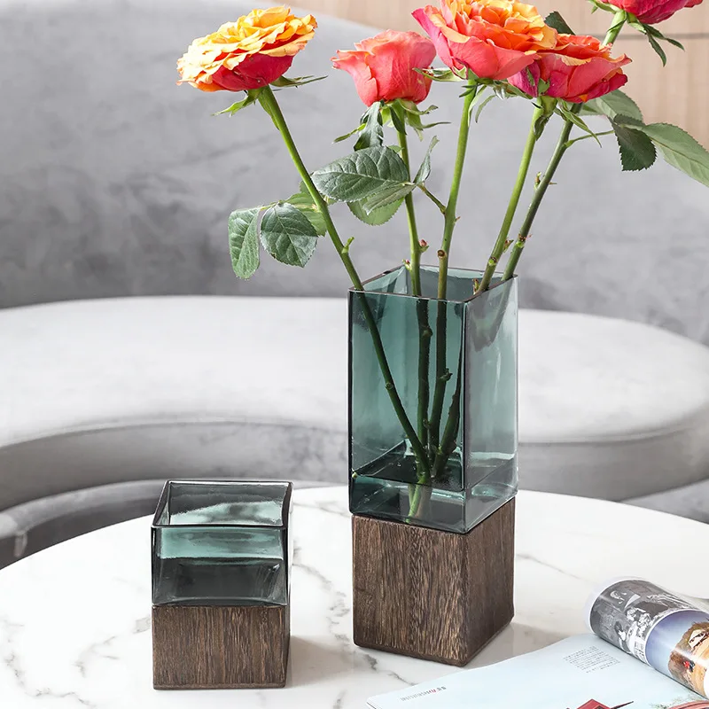 

Ins Hot Creative Design Square Crystal Glass Wooden Tray Vase for Home Decoration Party Wedding, Customized color