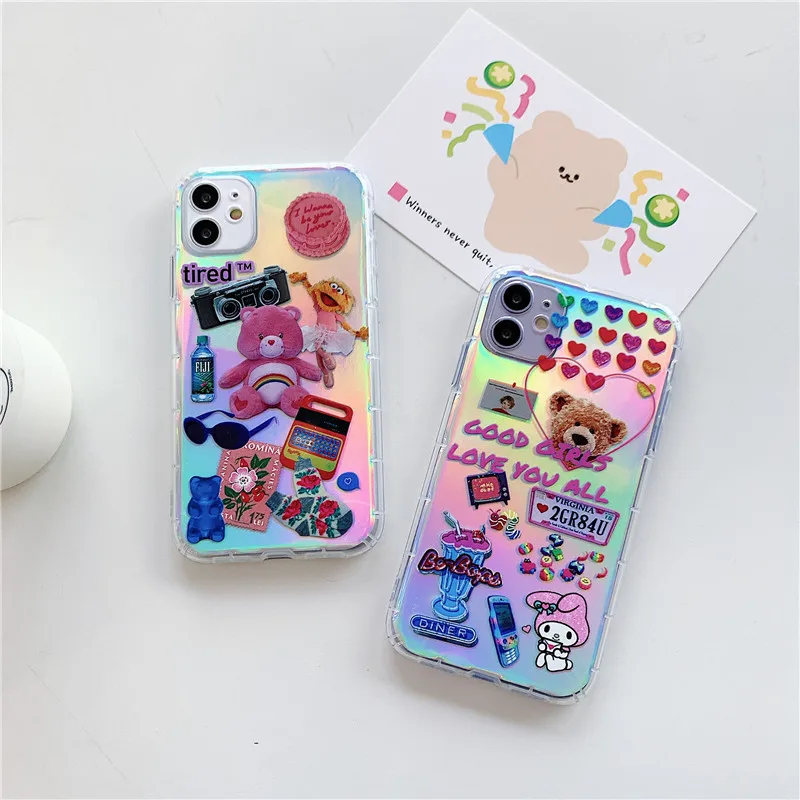 

Free Shipping Transparent Laser Bling Melody Bear Case For iphone 12 pro 12 Mini 11 pro XS X Clear Cover, Colorful