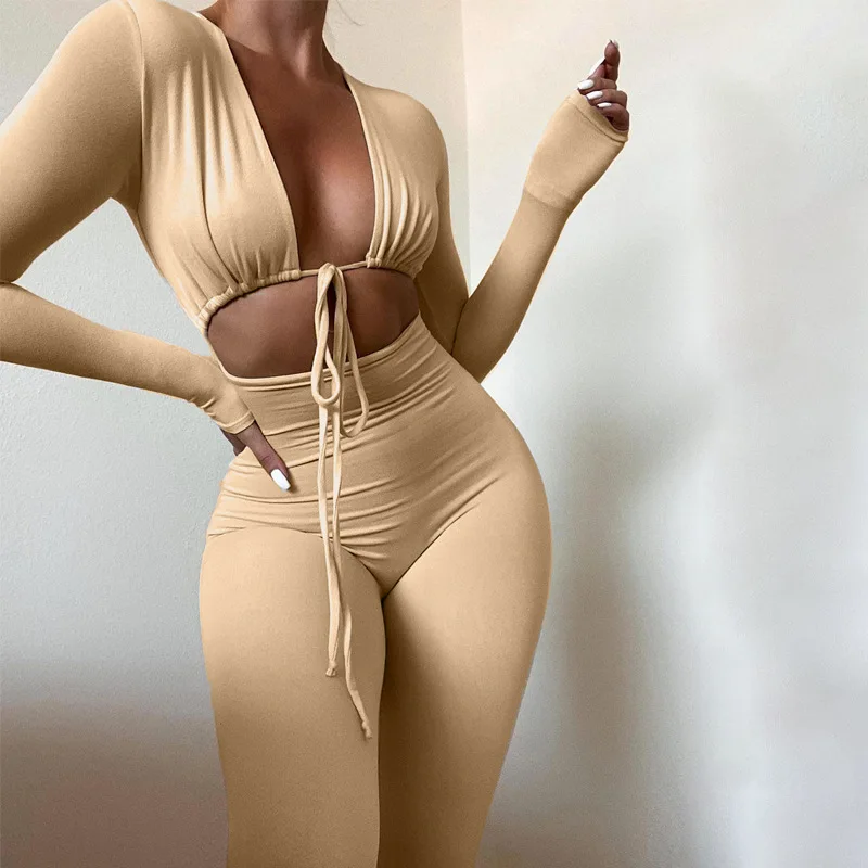 

2021 Autumn New Arrival Fashion Long Sleeve Hollow Out One Piece Women Rompers Bodycon V-Neck Sexy Jumpsuit, White,khaki,beige,black