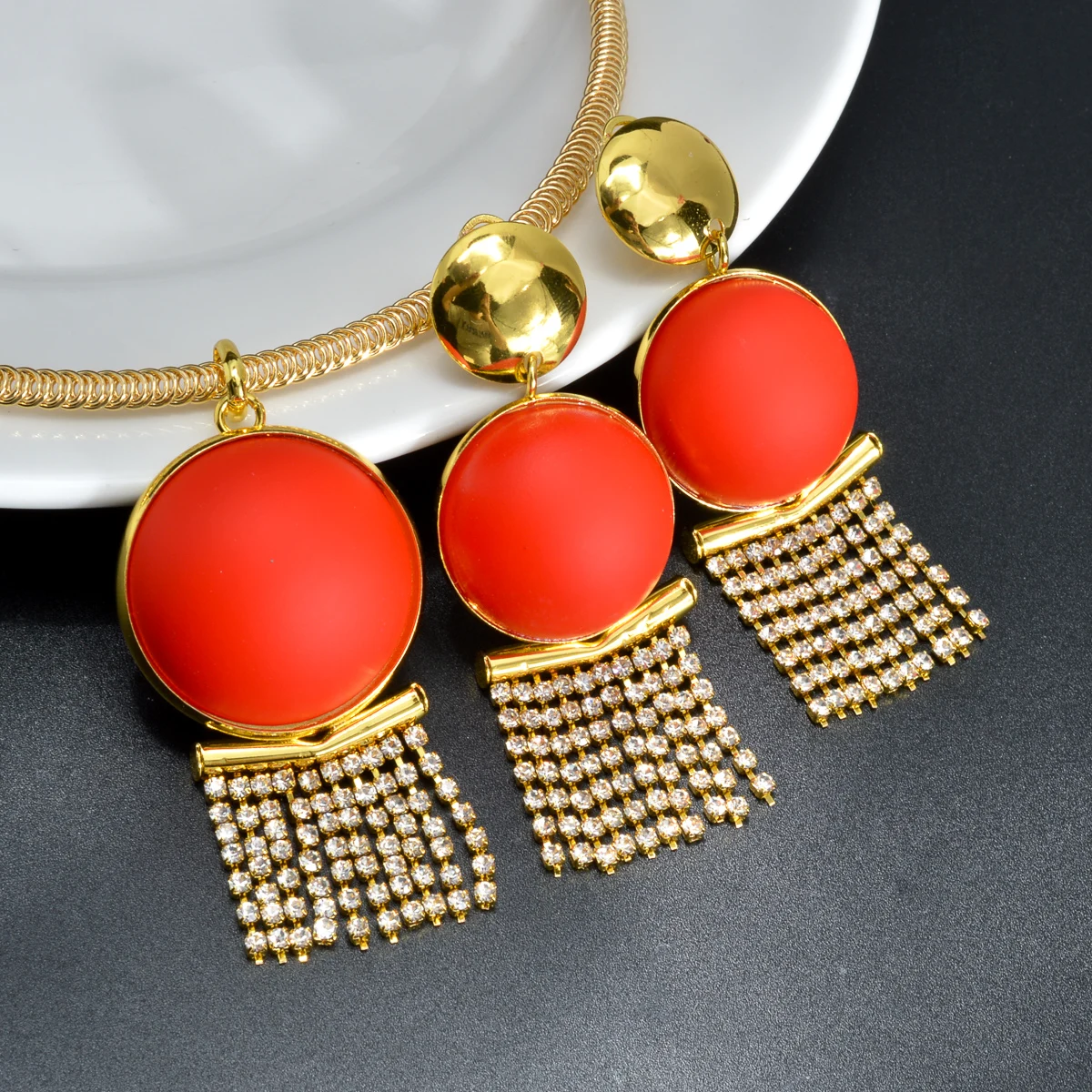 

Dubai luxury nigerian 18k gold plated copper Zircon Tassel Earring and Pendant wedding jewelry set for women
