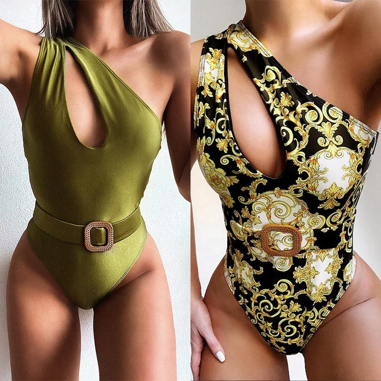 

Custom Design Logo Print Women Sexy Retro Baroque Style Hollow Out One Shoulder Belted One Piece Swimwear, Picture