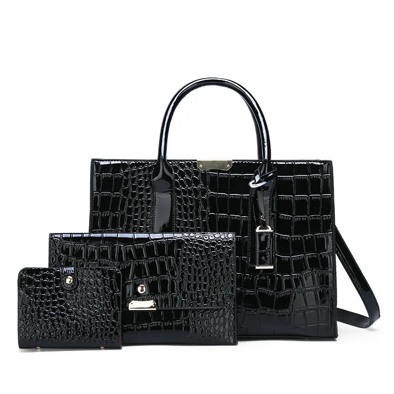 

2021 hot sale vegan crocodile pattern leather hard lacquer tote bag ladies luxury purse 3pcs women handbag set, 3 colors