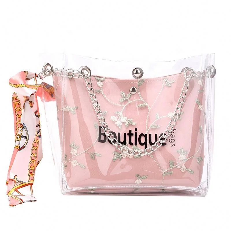 

High Quality Waterproof PVC Clear Transparent Messenger Bag Tote bag Set for Women